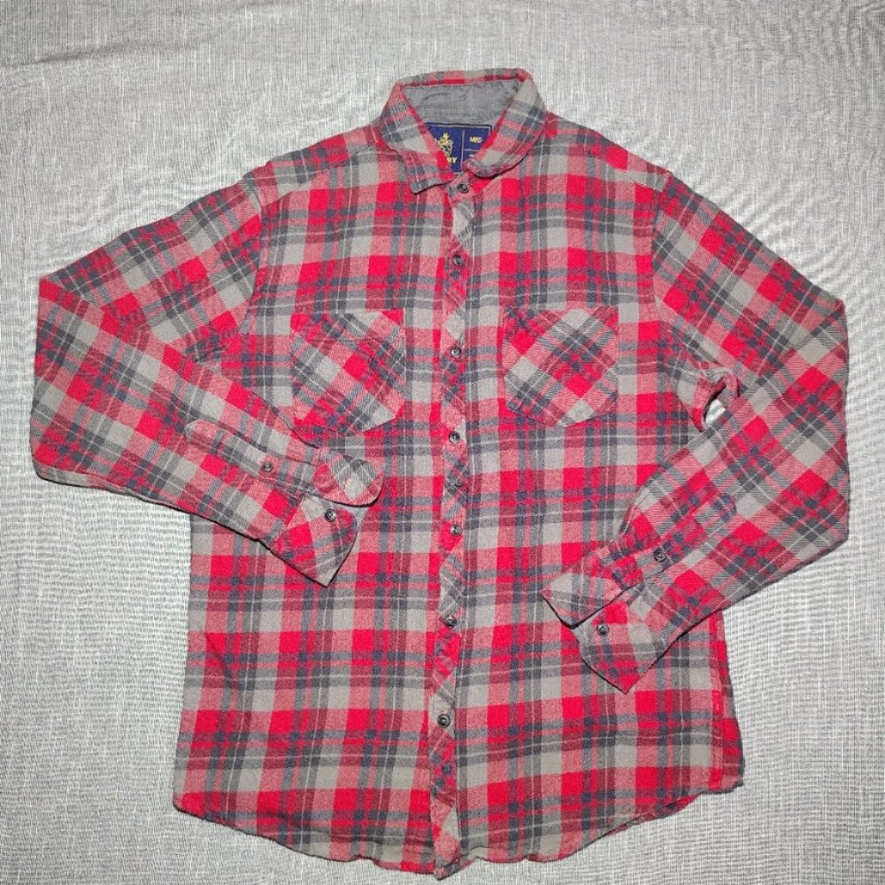 Vintage Rugby University Flannel Shirt Size‎ Medium Red Gray Plaid Long Sleeve